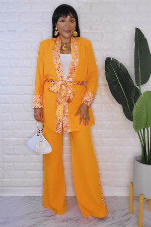 080823 The Orange Affair Palazzo Pant and Crepe Printed Jacket Set with Belt