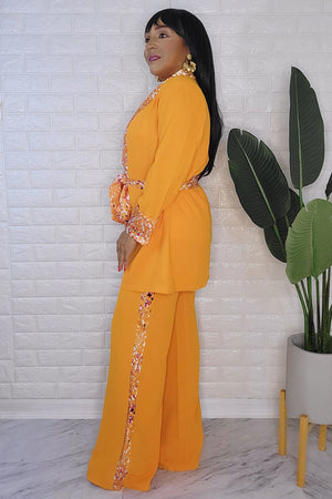 080823 The Orange Affair Palazzo Pant and Crepe Printed Jacket Set with Belt