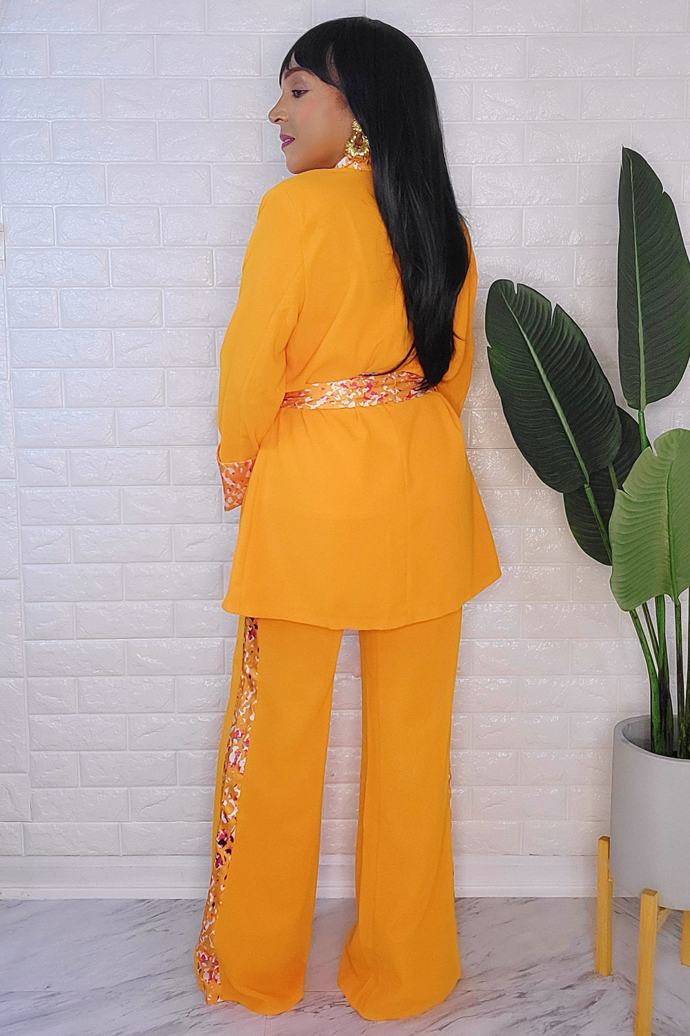 080823 The Orange Affair Palazzo Pant and Crepe Printed Jacket Set with Belt