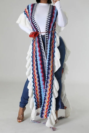 101923 The Blue Multi Knitted Long Kimono Shawl