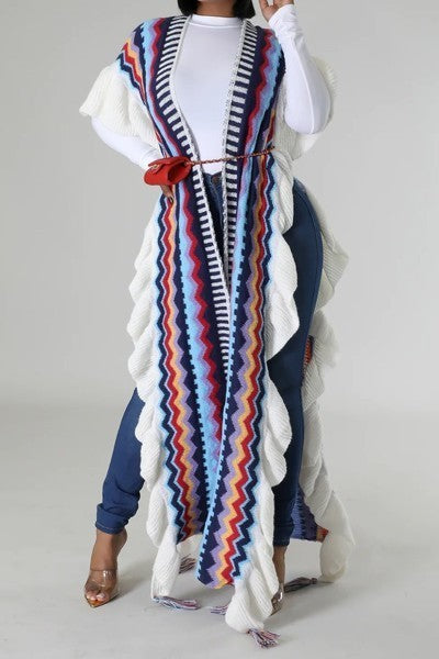 101923 The Blue Multi Knitted Long Kimono Shawl