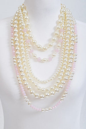 110724 Pink Faux Pearl Multi Toned Statement Necklace