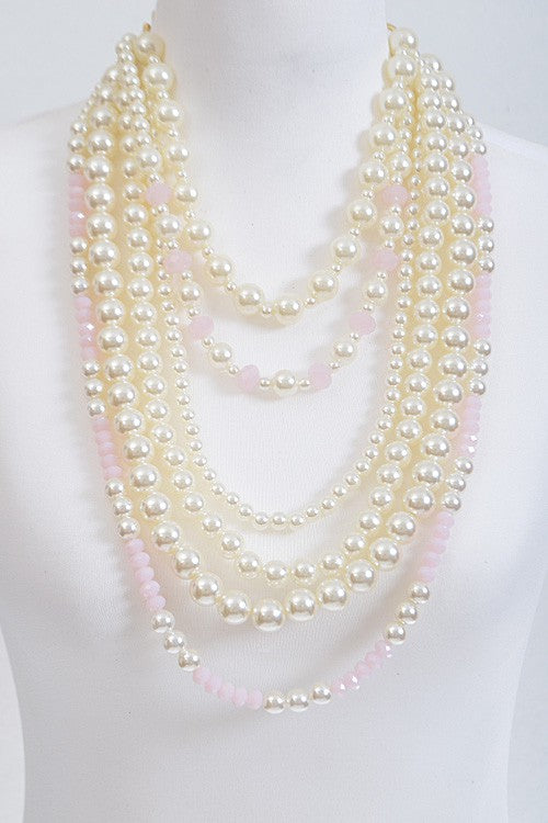 110724 Pink Faux Pearl Multi Toned Statement Necklace