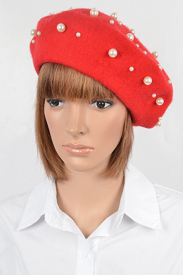121124 Beret With Pearl Details Hat