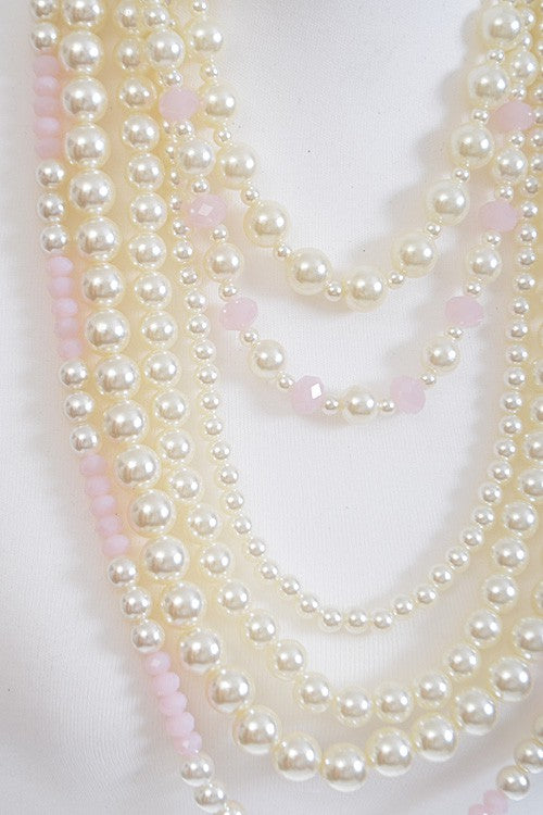 110724 Pink Faux Pearl Multi Toned Statement Necklace
