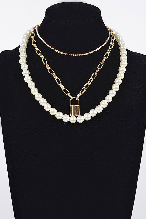 110724 Multi Layered Pearls Chain Necklace