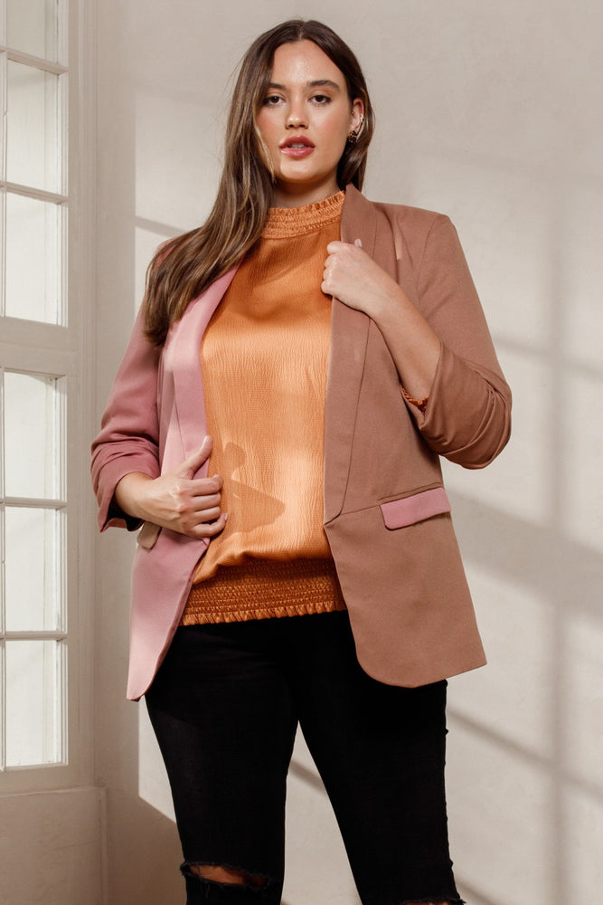 110724 Mauve-Mocha Color Block Woven Collared Blazer