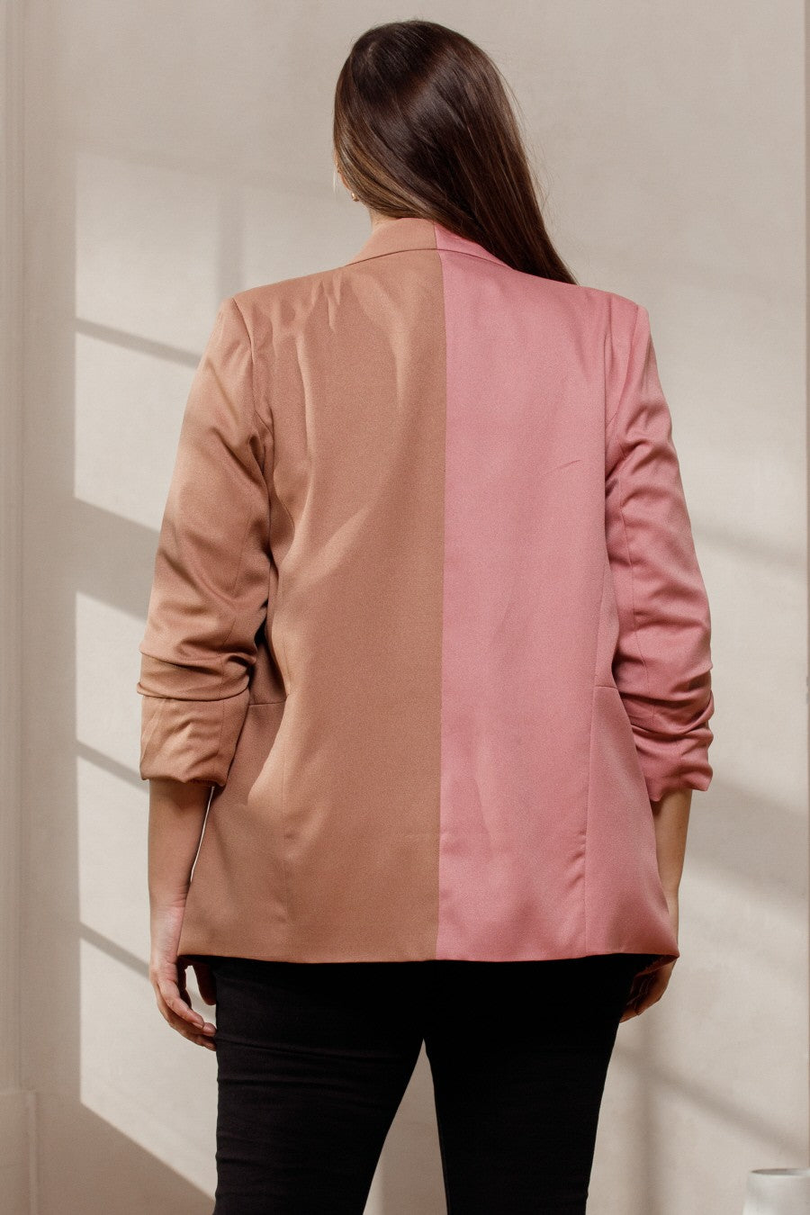 110724 Mauve-Mocha Color Block Woven Collared Blazer