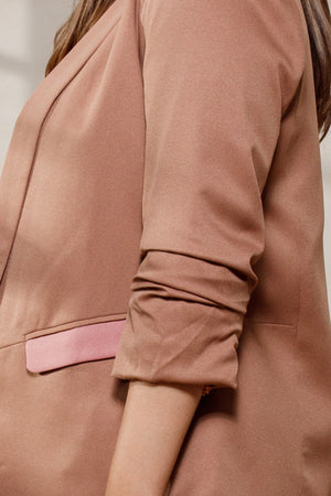 110724 Mauve-Mocha Color Block Woven Collared Blazer