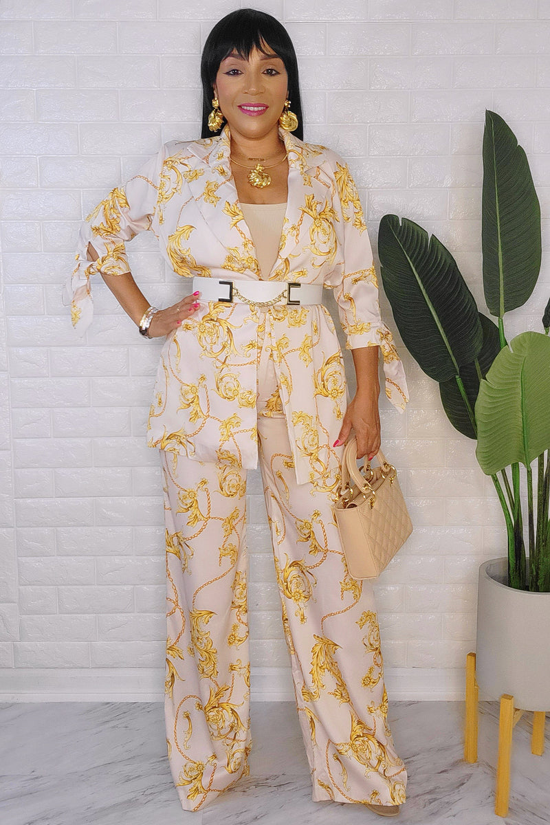 080823 The Beige With Gold Royalties Print Pant Set with Belt