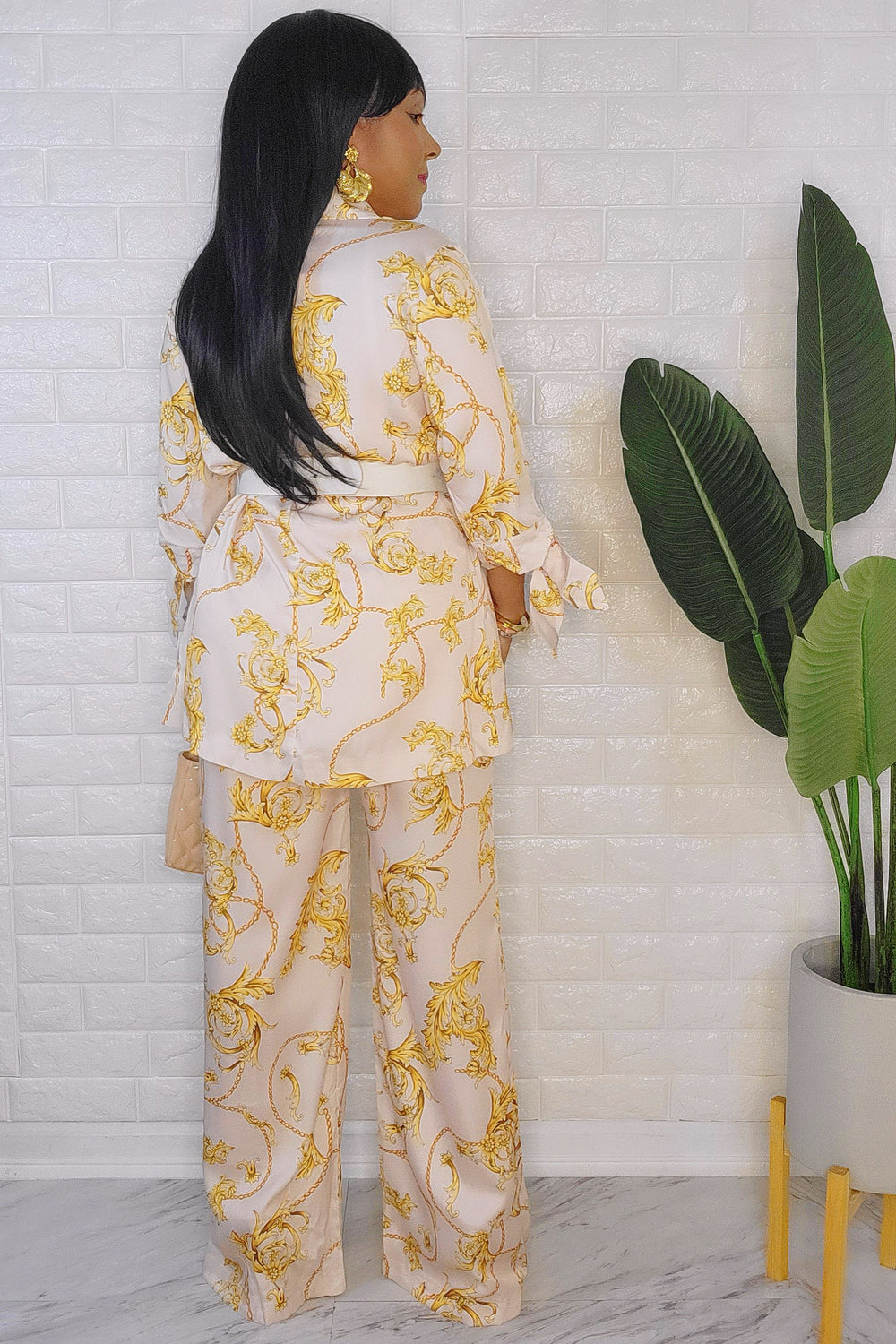080823 The Beige With Gold Royalties Print Pant Set with Belt