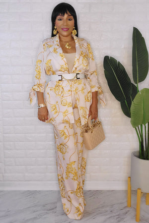 080823 The Beige With Gold Royalties Print Pant Set with Belt