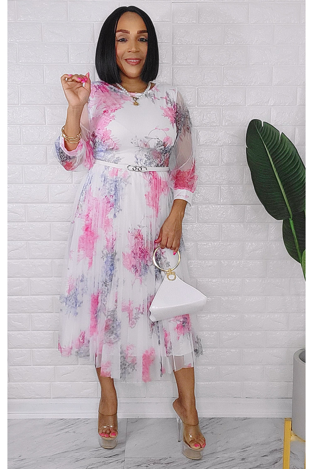 080323 Mademoiselle Lily White Florals Mesh Dress with Belt