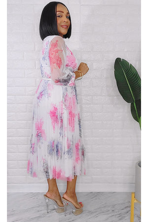 080323 Mademoiselle Lily White Florals Mesh Dress with Belt