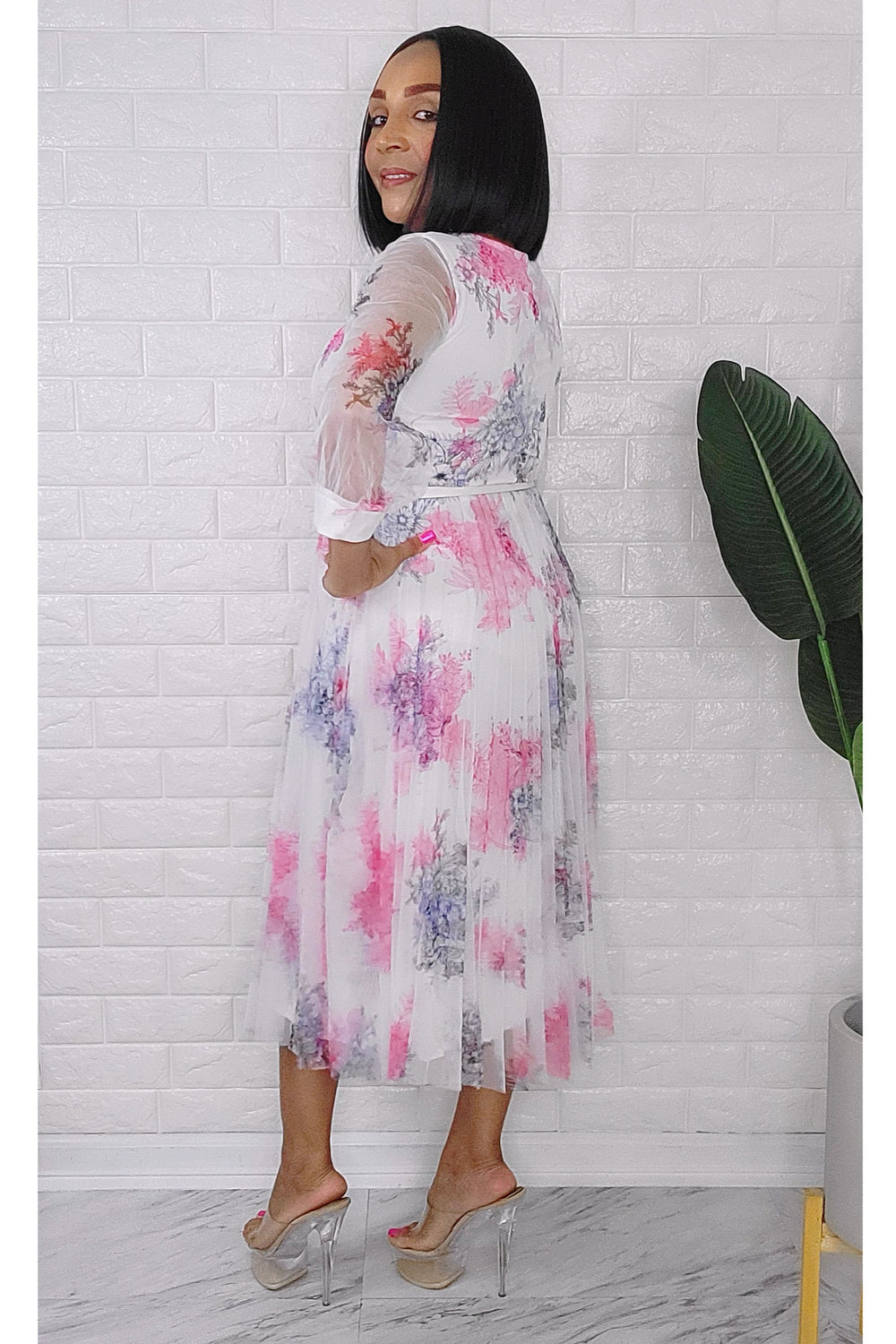 080323 Mademoiselle Lily White Florals Mesh Dress with Belt