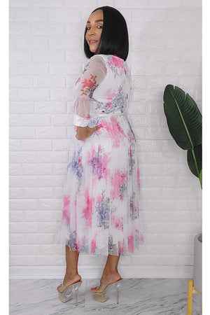 080323 Mademoiselle Lily White Florals Mesh Dress with Belt