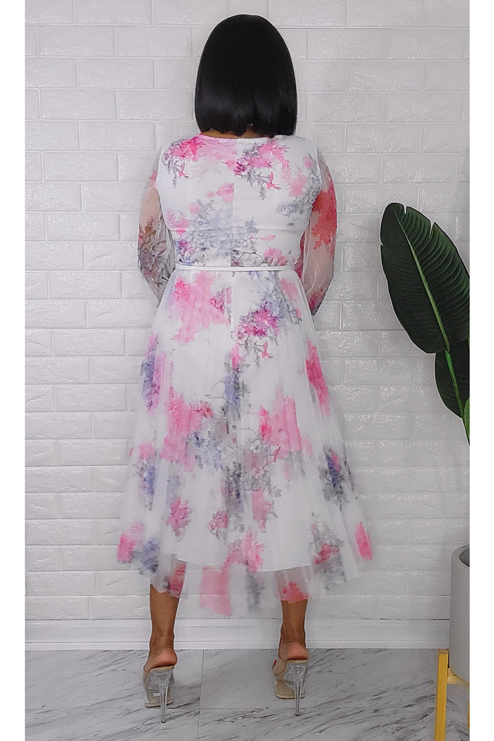 080323 Mademoiselle Lily White Florals Mesh Dress with Belt