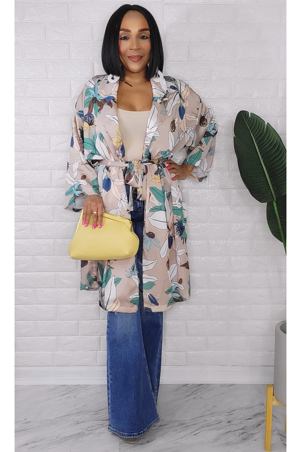 090823 The Blush Florals Print Short Belted Kimono Duster