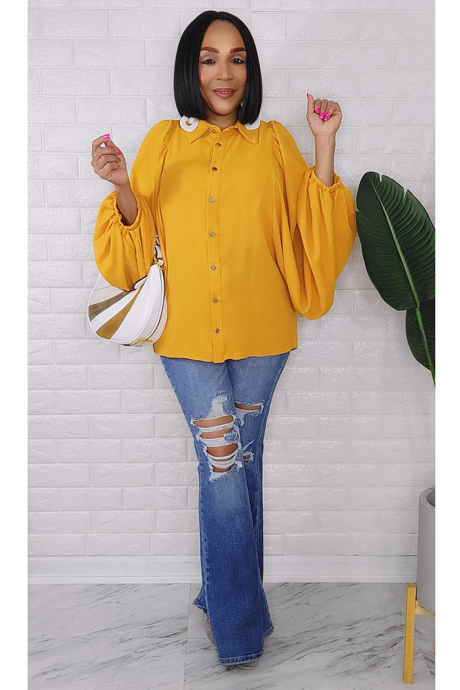 081823 The Mustard Classic Buttons Down Lantern Sleeve Top