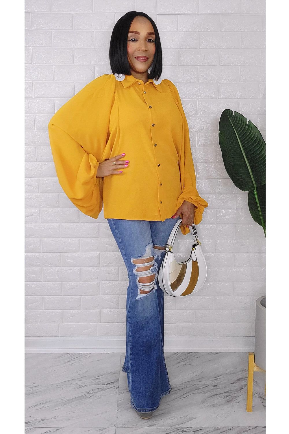 081823 The Mustard Classic Buttons Down Lantern Sleeve Top