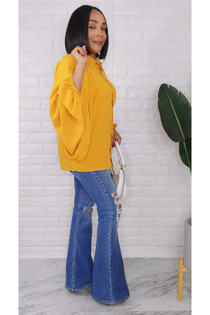 081823 The Mustard Classic Buttons Down Lantern Sleeve Top