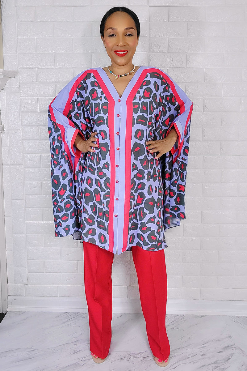 081923 The Light Purple/Red Famous Chic African Print Inspired Duster & Pant Set