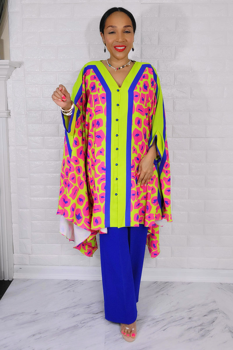 081823 The Yellow/Pink Famous Chic African Print Inspired Duster & Pant Set