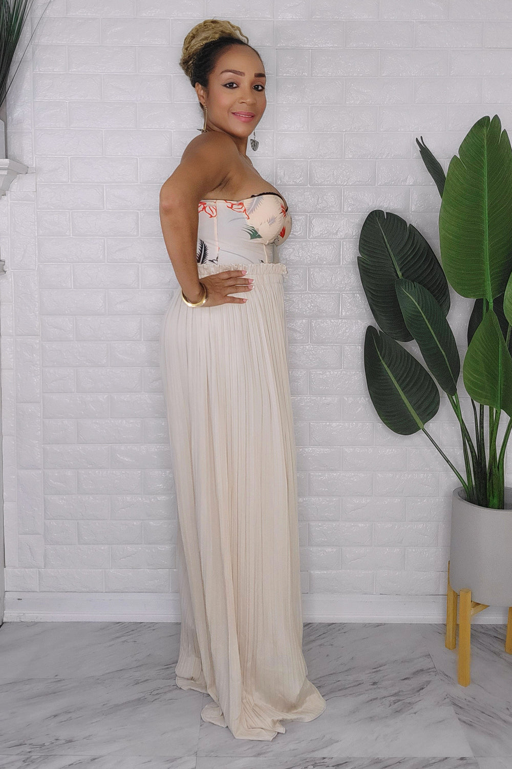 092123 Cream Pleated Wide Leg Elastic Waist Loose Palazzo Pant