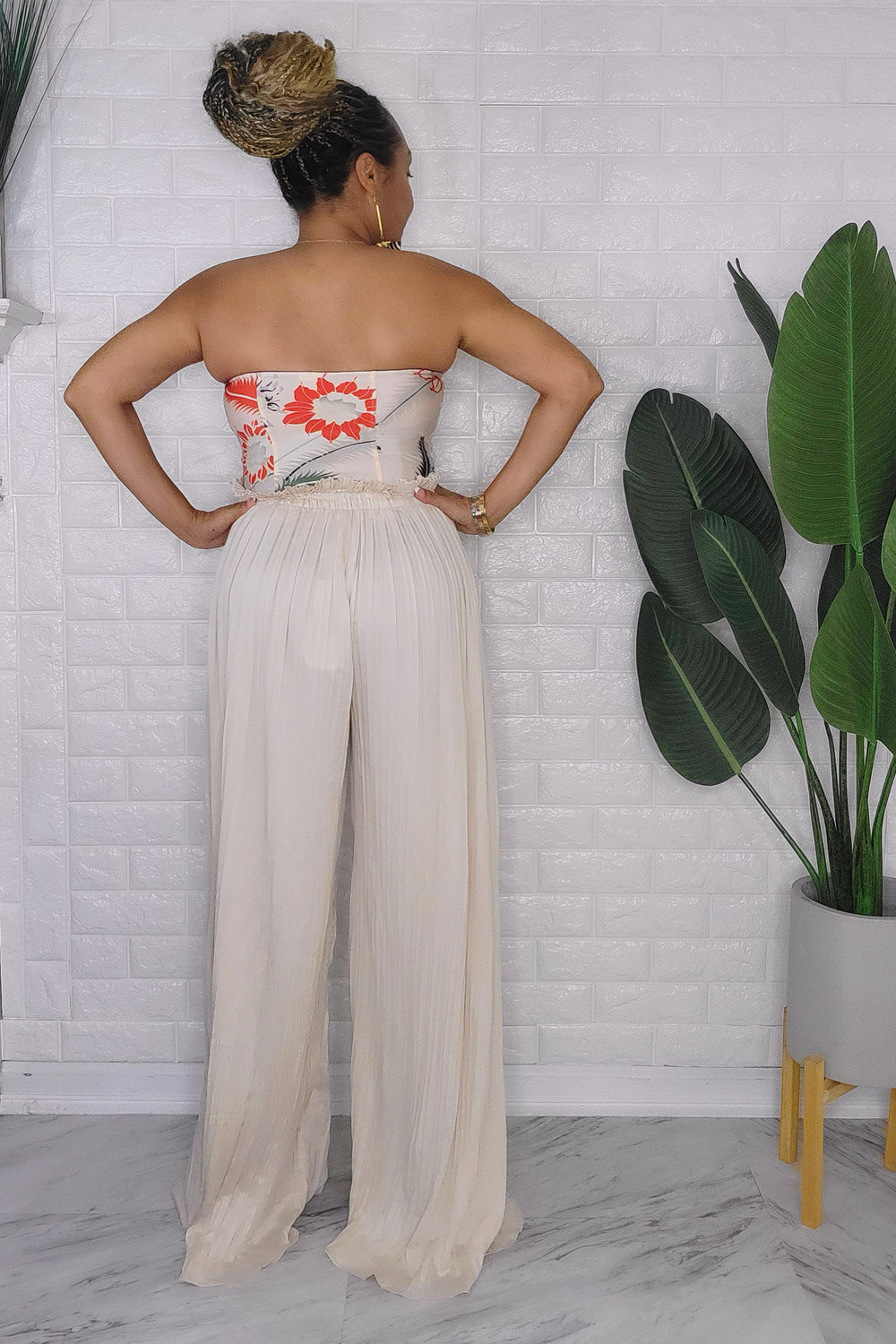 092123 Cream Pleated Wide Leg Elastic Waist Loose Palazzo Pant