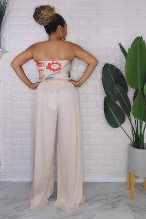 092123 Cream Pleated Wide Leg Elastic Waist Loose Palazzo Pant