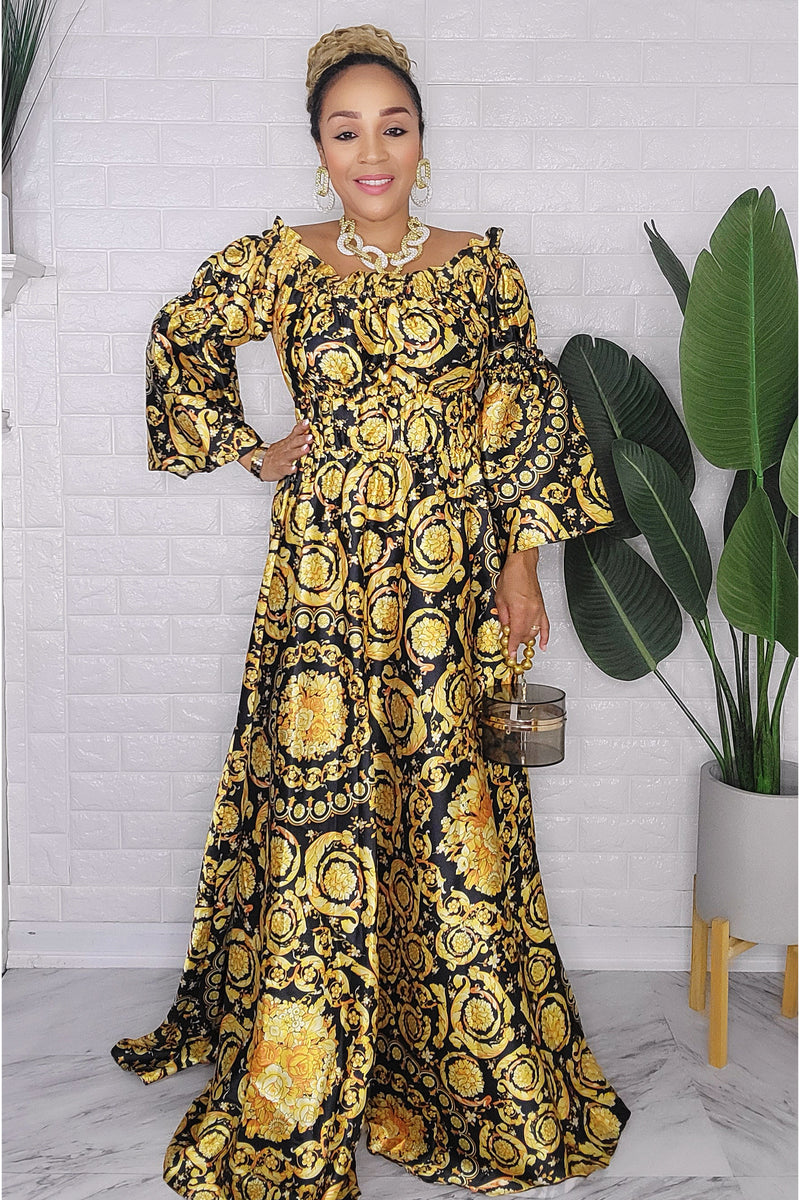 121123 Gold/Black Bohemian Print Maxi Dress
