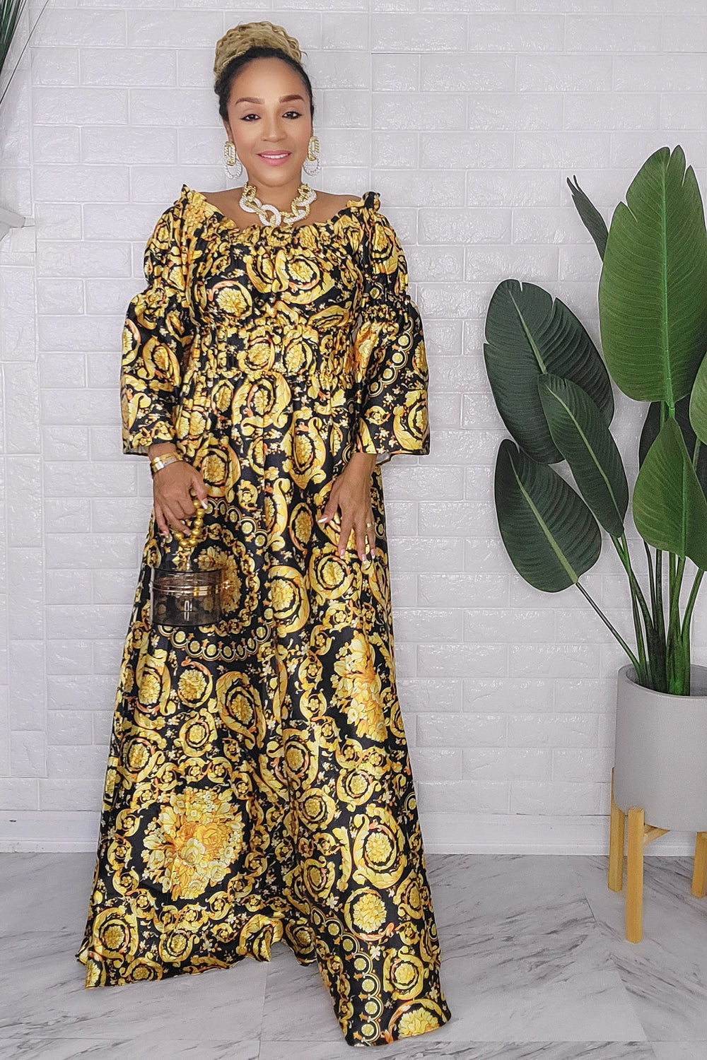 121123 Gold/Black Bohemian Print Maxi Dress