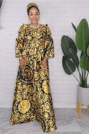 121123 Gold/Black Bohemian Print Maxi Dress