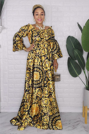 121123 Gold/Black Bohemian Print Maxi Dress
