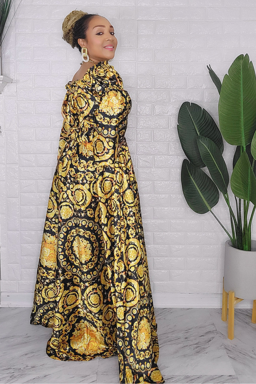121123 Gold/Black Bohemian Print Maxi Dress