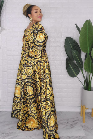 121123 Gold/Black Bohemian Print Maxi Dress