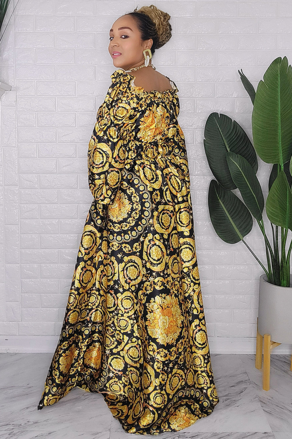 121123 Gold/Black Bohemian Print Maxi Dress