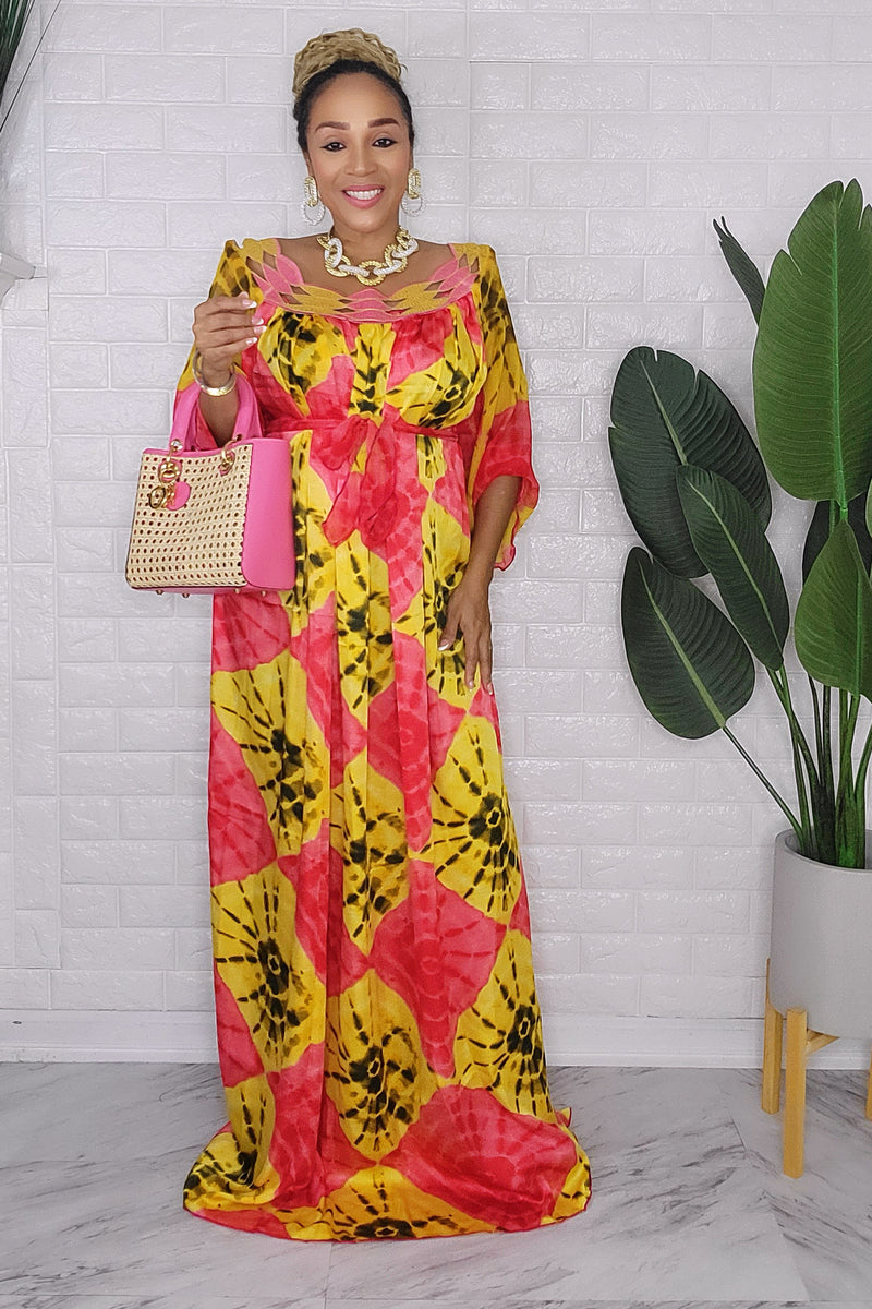 082123 The Pastel Yellow Handmade Embroidered African  Print Maxi Dress