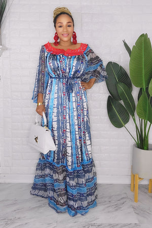 082123 The Blue Handmade Embroidered African  Print Maxi Dress