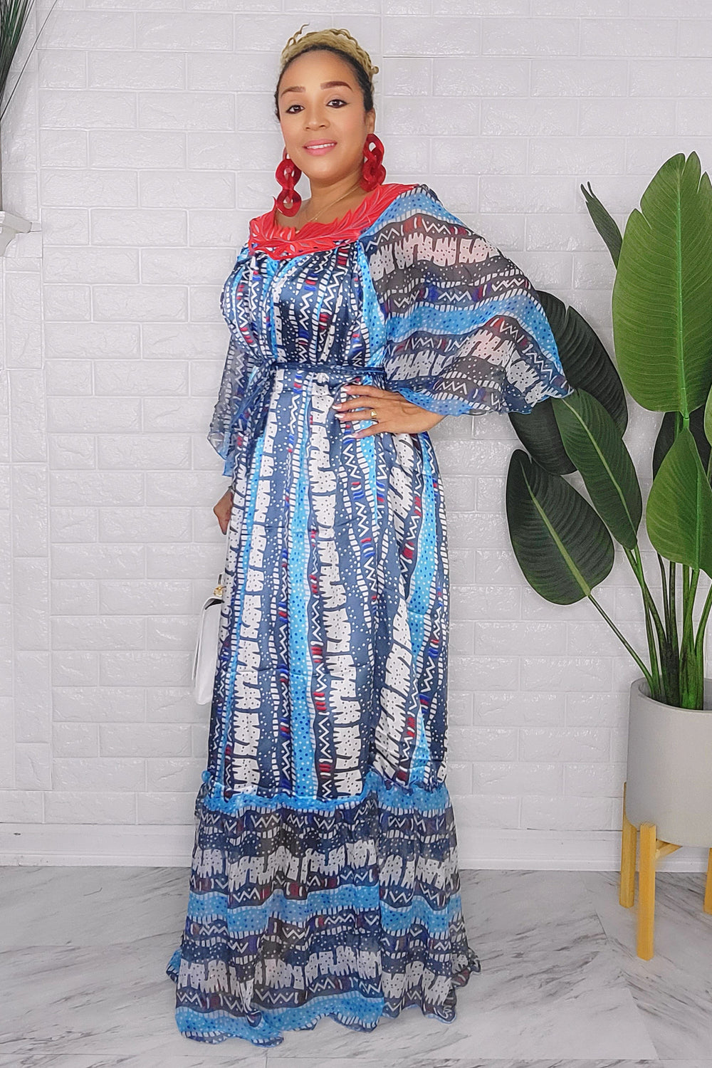 082123 The Blue Handmade Embroidered African  Print Maxi Dress