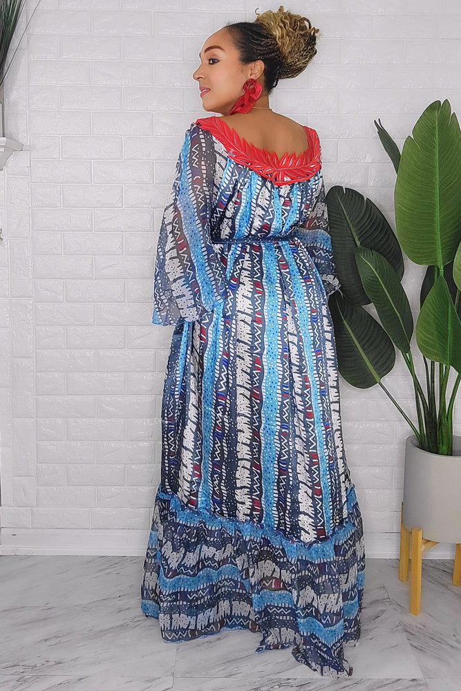 082123 The Blue Handmade Embroidered African  Print Maxi Dress
