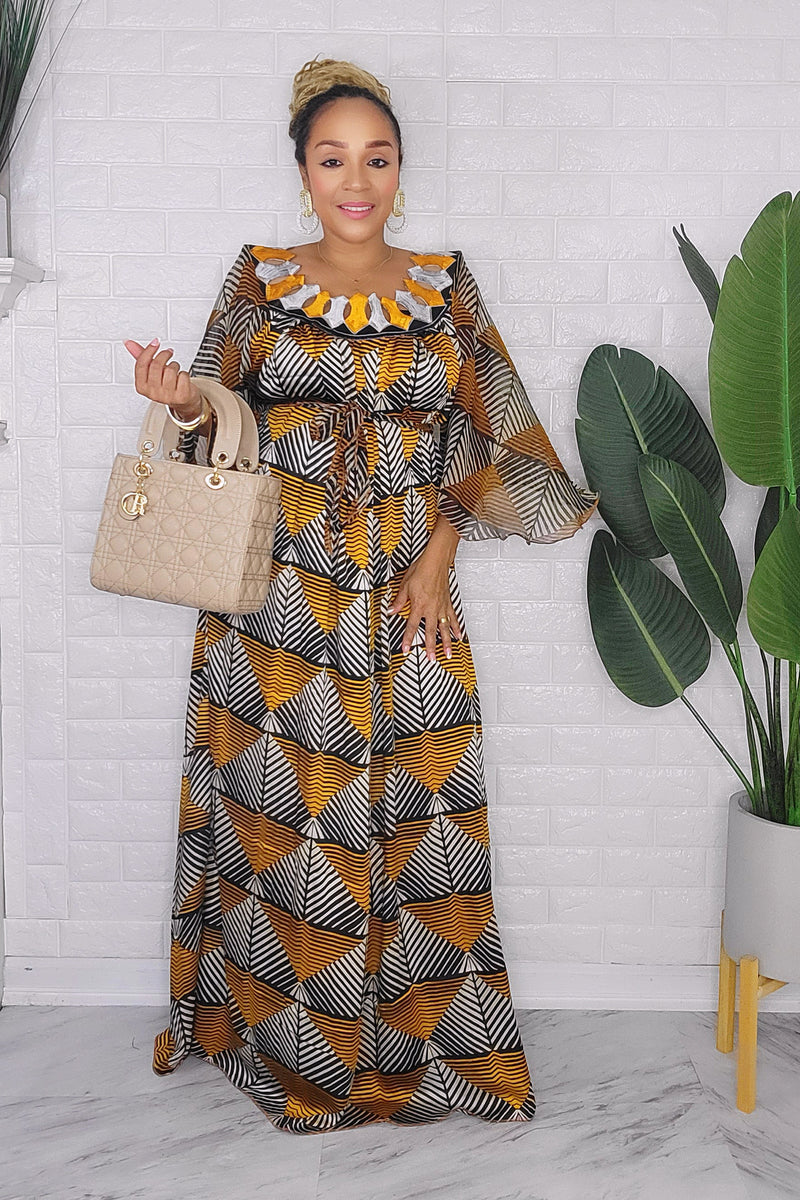 082123 The Mustard & Black Handmade Embroidered African  Print Maxi Dress