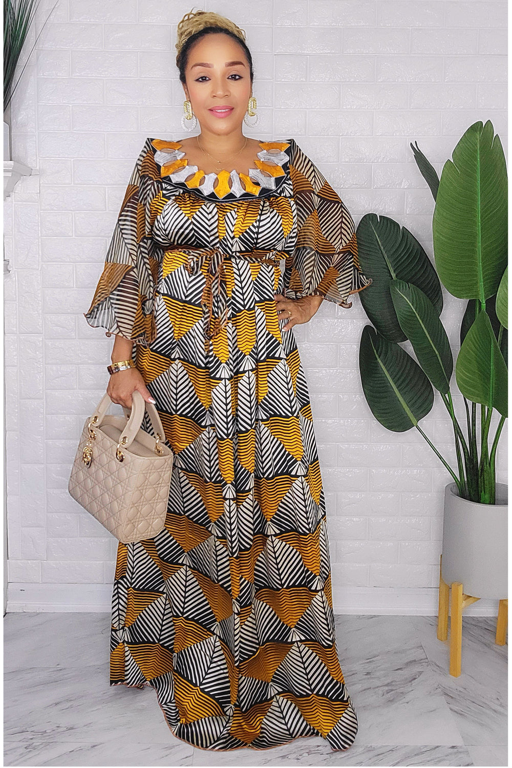 082123 The Mustard & Black Handmade Embroidered African  Print Maxi Dress