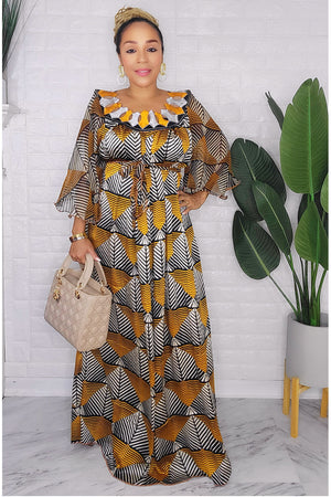 082123 The Mustard & Black Handmade Embroidered African  Print Maxi Dress