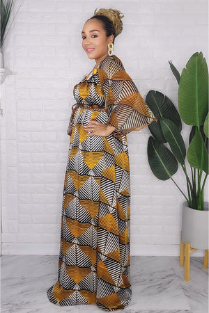 082123 The Mustard & Black Handmade Embroidered African  Print Maxi Dress