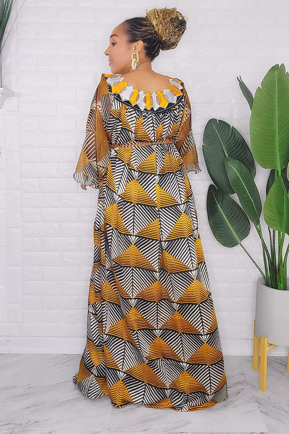 082123 The Mustard & Black Handmade Embroidered African  Print Maxi Dress