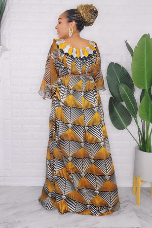 082123 The Mustard & Black Handmade Embroidered African  Print Maxi Dress
