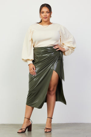 121224 Olive Side Ring Details Midi Wrap Skirt