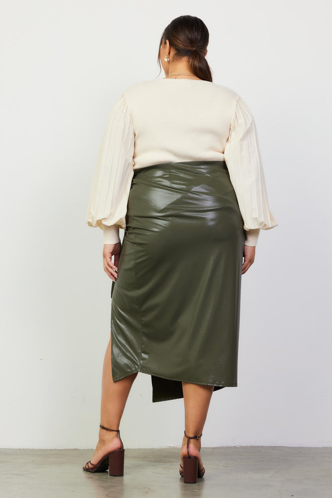121224 Olive Side Ring Details Midi Wrap Skirt