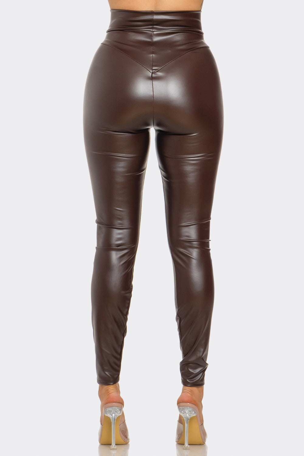 101325 Chocolate Faux leather legging high waist stretch solid pant